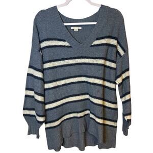 American Eagle Blue Cream Stripe V-Neck Relaxed Fit Knit Sweater S